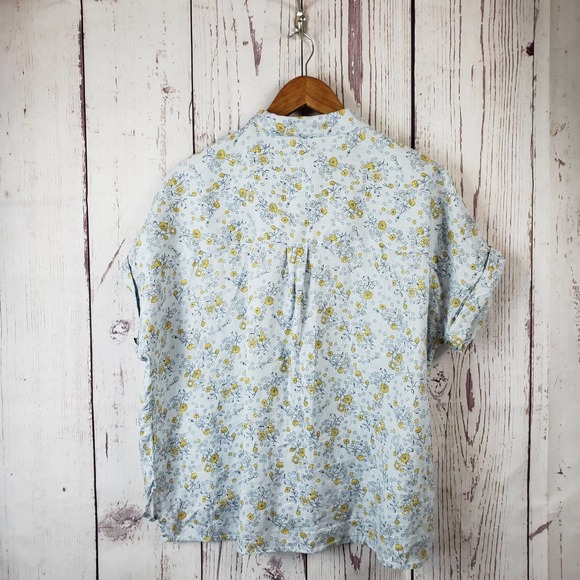 Rachel Zoe Blouse Womens Size Small Button front Floral Linen Short Sleeve Blue - Picture 6 of 7